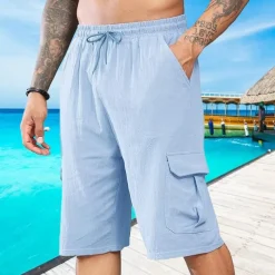 Men's Shorts Linen Shorts Summer Shorts Beach Shorts Drawstring Elastic Waist Multi Pocket Plain Comfort Breathable Short Vacation Holiday Beach Hawaiian Boho Black White