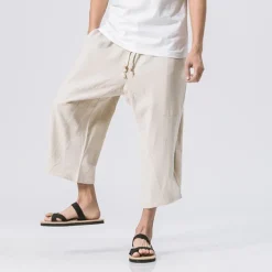 Men's Shorts Linen Shorts Summer Shorts Crop Beach Shorts Drawstring Elastic Waist Straight Leg Plain Comfort Breathable Calf-Length Sports Outdoor Casual Daily Streetwear Classic Style Black Wine