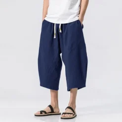 Men's Shorts Linen Shorts Summer Shorts Crop Beach Shorts Drawstring Elastic Waist Straight Leg Plain Comfort Breathable Calf-Length Sports Outdoor Casual Daily Streetwear Classic Style Black Wine