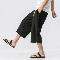 Men's Shorts Linen Shorts Summer Shorts Crop Beach Shorts Drawstring Elastic Waist Straight Leg Plain Comfort Breathable Calf-Length Sports Outdoor Casual Daily Streetwear Classic Style Black Wine