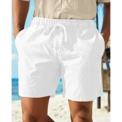 Men's Shorts Linen Shorts Summer Shorts Drawstring Elastic Waist Straight Leg Plain Comfort Breathable Above Knee Casual Daily Holiday Fashion Classic Style Black White
