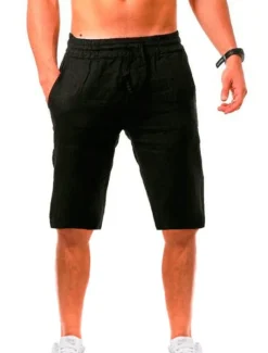 Men's Shorts Linen Shorts Drawstring Plain Daily Streetwear Basic Light Khaki. Black