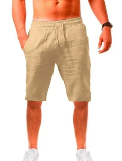 Men's Shorts Linen Shorts Drawstring Plain Daily Streetwear Basic Light Khaki. Black