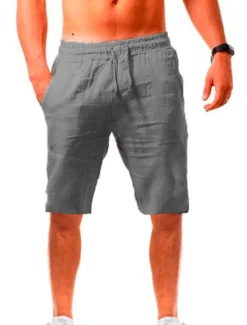 Men's Shorts Linen Shorts Drawstring Plain Daily Streetwear Basic Light Khaki. Black
