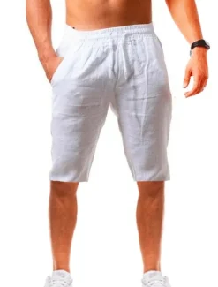 Men's Shorts Linen Shorts Drawstring Plain Daily Streetwear Basic Light Khaki. Black