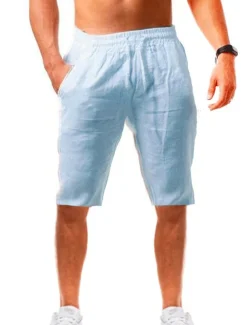 Men's Shorts Linen Shorts Drawstring Plain Daily Streetwear Basic Light Khaki. Black