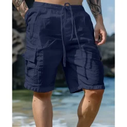 Men's Shorts Linen Shorts Summer Shorts Beach Shorts Drawstring Elastic Waist Multi Pocket Plain Knee Length Outdoor Beach Hawaiian Casual ArmyGreen Black Inelastic