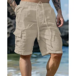 Men's Shorts Linen Shorts Summer Shorts Beach Shorts Drawstring Elastic Waist Multi Pocket Plain Knee Length Outdoor Beach Hawaiian Casual ArmyGreen Black Inelastic