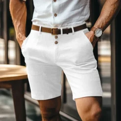 Men's Shorts Linen Shorts Buttons Pocket Straight Leg Plain Comfort Breathable Short Business Business Black White