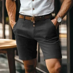 Men's Shorts Linen Shorts Buttons Pocket Straight Leg Plain Comfort Breathable Short Business Business Black White