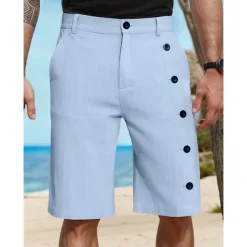 Men's Shorts Linen Shorts Summer Shorts Pocket Side Button Straight Leg Solid Color Comfort Breathable Knee Length Casual Daily Vacation Fashion White Green Inelastic