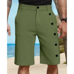 Men's Shorts Linen Shorts Summer Shorts Pocket Side Button Straight Leg Solid Color Comfort Breathable Knee Length Casual Daily Vacation Fashion White Green Inelastic