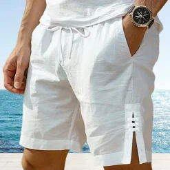 Men's Shorts Linen Shorts Summer Shorts Button Split Front Pocket Plain Comfort Breathable Knee Length Party Outdoor Casual Fashion Basic White Navy Blue