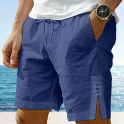 Men's Shorts Linen Shorts Summer Shorts Button Split Front Pocket Plain Comfort Breathable Knee Length Party Outdoor Casual Fashion Basic White Navy Blue