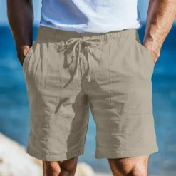Men's Shorts Linen Shorts Summer Shorts Pocket Drawstring Elastic Waist Plain Comfort Breathable Short Casual Daily Holiday Fashion Classic Style Light Khaki Black