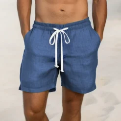 Men's Shorts Linen Shorts Summer Shorts Drawstring Elastic Waist Straight Leg Plain Comfort Breathable Above Knee Casual Daily Holiday Fashion Classic Style Black White