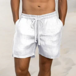 Men's Shorts Linen Shorts Summer Shorts Drawstring Elastic Waist Straight Leg Plain Comfort Breathable Above Knee Casual Daily Holiday Fashion Classic Style Black White