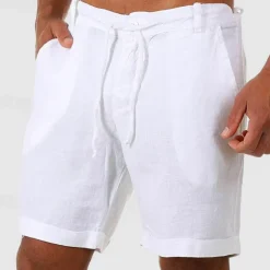 Men's Shorts Linen Shorts Summer Shorts Beach Shorts Buttons Pocket Drawstring Plain Breathable Knee Length Outdoor Daily Going out Fashion Classic Style White Navy Blue