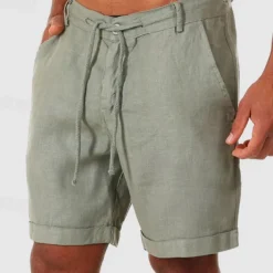 Men's Shorts Linen Shorts Summer Shorts Beach Shorts Buttons Pocket Drawstring Plain Breathable Knee Length Outdoor Daily Going out Fashion Classic Style White Navy Blue