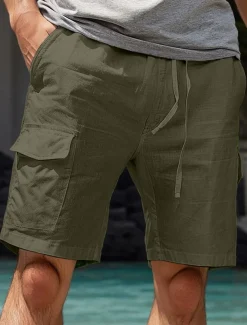 Men's Shorts Linen Shorts Summer Shorts Front Pocket Straight Leg Cargo Pocket Plain Comfort Breathable Knee Length Party Outdoor Casual Fashion Basic White Navy Blue