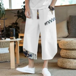 Men's Shorts Summer Shorts Bloomers Capri Pants Drawstring Elastic Waist Side Button Patchwork Comfort Breathable Calf-Length Casual Daily Holiday Fashion Ethnic Style Black White