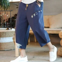 Men's Shorts Summer Shorts Bloomers Capri Pants Drawstring Elastic Waist Side Button Patchwork Comfort Breathable Calf-Length Casual Daily Holiday Fashion Ethnic Style Black White
