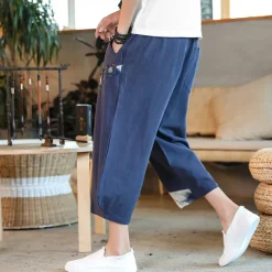 Men's Shorts Summer Shorts Bloomers Capri Pants Drawstring Elastic Waist Side Button Patchwork Comfort Breathable Calf-Length Casual Daily Holiday Fashion Ethnic Style Black White