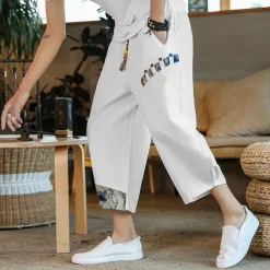 Men's Shorts Summer Shorts Bloomers Capri Pants Drawstring Elastic Waist Side Button Patchwork Comfort Breathable Calf-Length Casual Daily Holiday Fashion Ethnic Style Black White