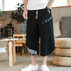 Men's Shorts Summer Shorts Bloomers Capri Pants Drawstring Elastic Waist Side Button Patchwork Comfort Breathable Calf-Length Casual Daily Holiday Fashion Ethnic Style Black White