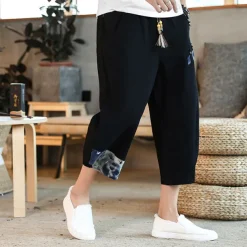 Men's Shorts Summer Shorts Bloomers Capri Pants Drawstring Elastic Waist Side Button Patchwork Comfort Breathable Calf-Length Casual Daily Holiday Fashion Ethnic Style Black White