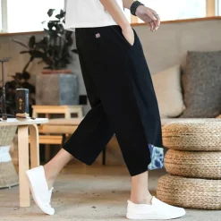 Men's Shorts Summer Shorts Bloomers Capri Pants Drawstring Elastic Waist Side Button Patchwork Comfort Breathable Calf-Length Casual Daily Holiday Fashion Ethnic Style Black White