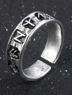 Men's Silver-Tone Adjustable Ring with Engraved Symbols, Vintage-Style Statement Jewelry for Casual and Gothic Fashion