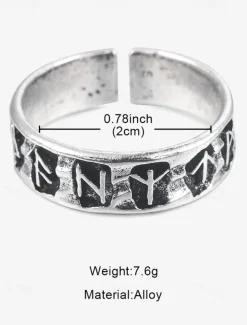 Men's Silver-Tone Adjustable Ring with Engraved Symbols, Vintage-Style Statement Jewelry for Casual and Gothic Fashion