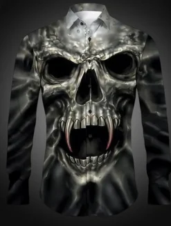 Men's Skeleton Halloween Costumes Shirt Button Up Shirt Long Sleeve Gothic Daily Wear Going out Spring & Summer Turndown Print Button-Down Yellow Purple Khaki Gray