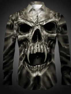 Men's Skeleton Halloween Costumes Shirt Button Up Shirt Long Sleeve Gothic Daily Wear Going out Spring & Summer Turndown Print Button-Down Yellow Purple Khaki Gray