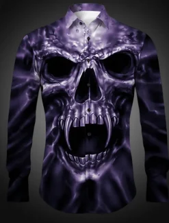 Men's Skeleton Halloween Costumes Shirt Button Up Shirt Long Sleeve Gothic Daily Wear Going out Spring & Summer Turndown Print Button-Down Yellow Purple Khaki Gray