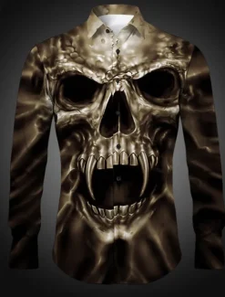 Men's Skeleton Halloween Costumes Shirt Button Up Shirt Long Sleeve Gothic Daily Wear Going out Spring & Summer Turndown Print Button-Down Yellow Purple Khaki Gray