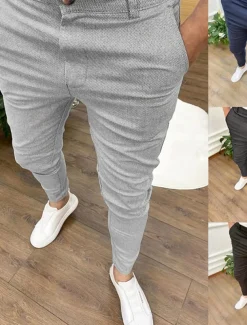 Men's Skinny Trousers Chinos Buttons Pocket Plain Comfort Formal Party Work Fashion Classic Style Black Blue Micro-elastic