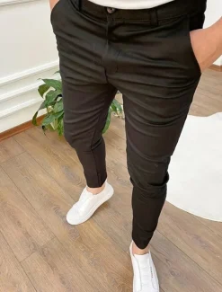 Men's Skinny Trousers Chinos Buttons Pocket Plain Comfort Formal Party Work Fashion Classic Style Black Blue Micro-elastic