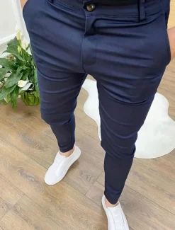 Men's Skinny Trousers Chinos Buttons Pocket Plain Comfort Formal Party Work Fashion Classic Style Black Blue Micro-elastic