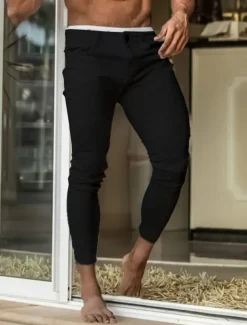 Men's Skinny Trousers Chinos Chino Pants Casual Pants Pocket Plain Comfort Soft Full Length Outdoor Daily Going out Fashion Streetwear Black White Micro-elastic