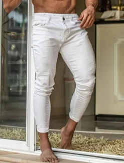 Men's Skinny Trousers Chinos Chino Pants Casual Pants Pocket Plain Comfort Soft Full Length Outdoor Daily Going out Fashion Streetwear Black White Micro-elastic