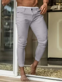 Men's Skinny Trousers Chinos Chino Pants Casual Pants Pocket Plain Comfort Soft Full Length Outdoor Daily Going out Fashion Streetwear Black White Micro-elastic