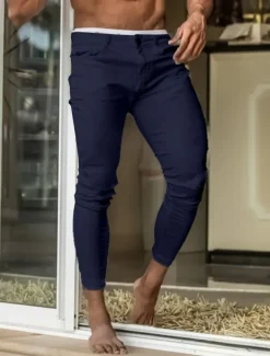 Men's Skinny Trousers Chinos Chino Pants Casual Pants Pocket Plain Comfort Soft Full Length Outdoor Daily Going out Fashion Streetwear Black White Micro-elastic