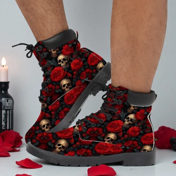 Men's Skull and Red Rose Combat Boots – Gothic Punk Lace-Up Ankle Boots for Halloween, Cosplay, Parties and Streetwear