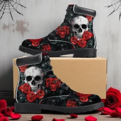 Men's Skull and Red Rose Combat Boots – Gothic Punk Lace-Up Ankle Boots for Halloween, Cosplay, Parties and Streetwear