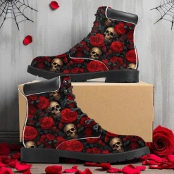 Men's Skull and Red Rose Combat Boots – Gothic Punk Lace-Up Ankle Boots for Halloween, Cosplay, Parties and Streetwear