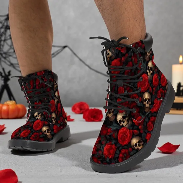 Men's Skull and Red Rose Combat Boots – Gothic Punk Lace-Up Ankle Boots for Halloween, Cosplay, Parties and Streetwear