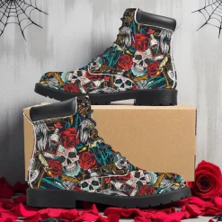Men's Skull and Red Rose Combat Boots – Gothic Punk Lace-Up Ankle Boots for Halloween, Cosplay, Parties and Streetwear