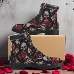 Men's Skull and Red Rose Combat Boots – Gothic Punk Lace-Up Ankle Boots for Halloween, Cosplay, Parties and Streetwear